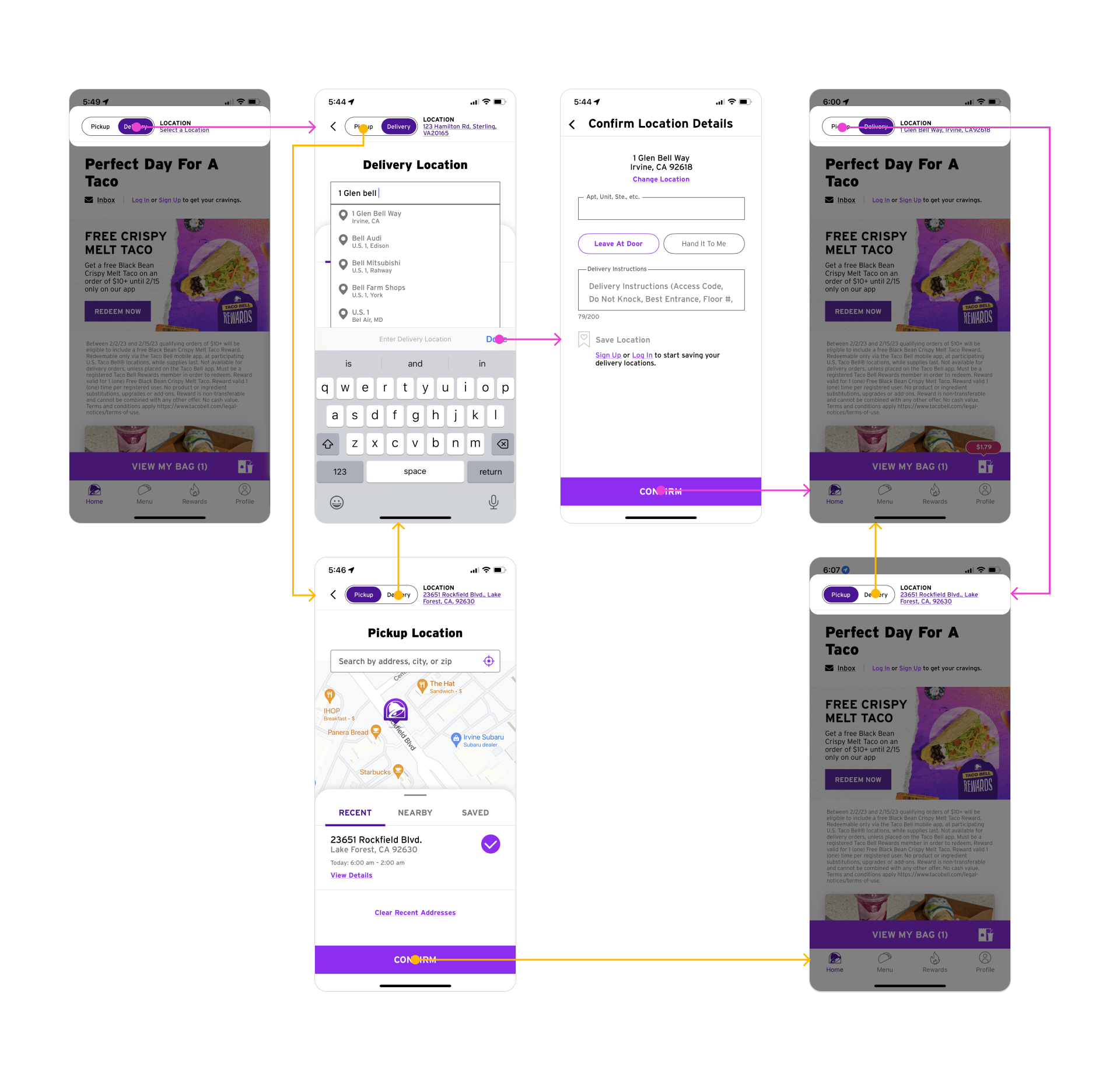 Pickup and delivery location selection with address confirmation