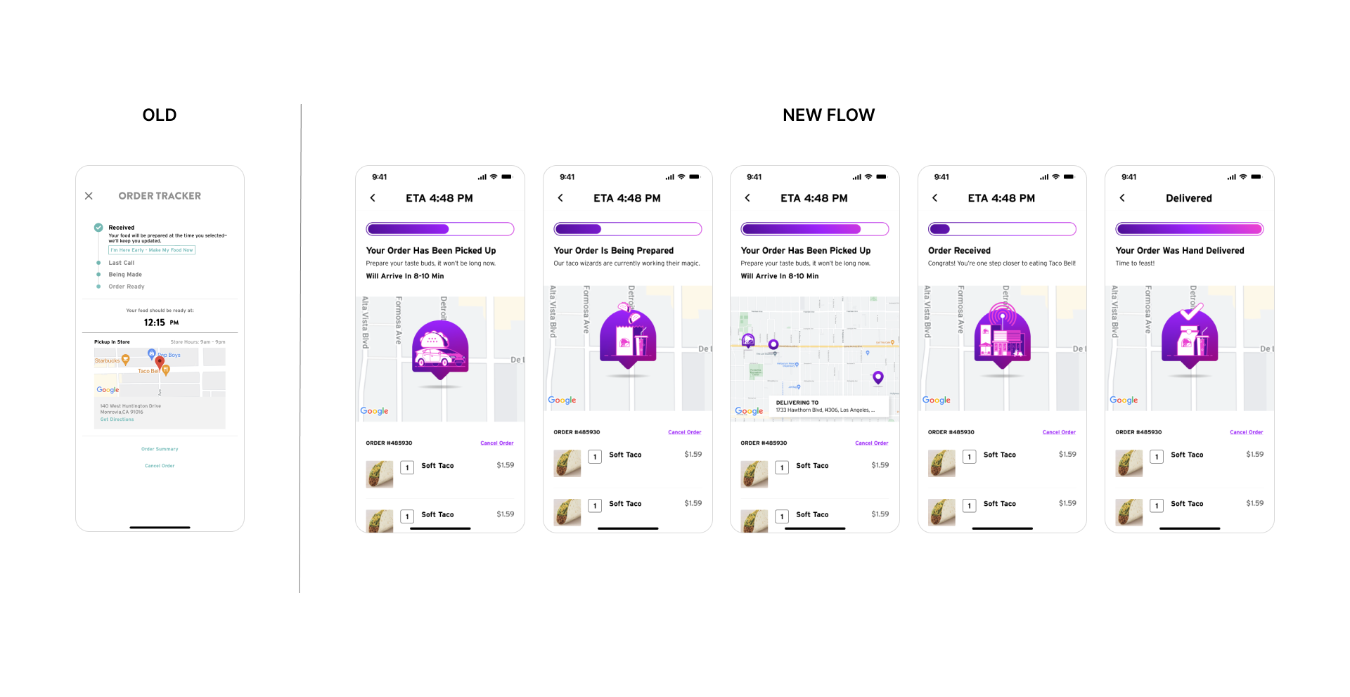 Order tracking states including received, preparing, picked up and delivered
